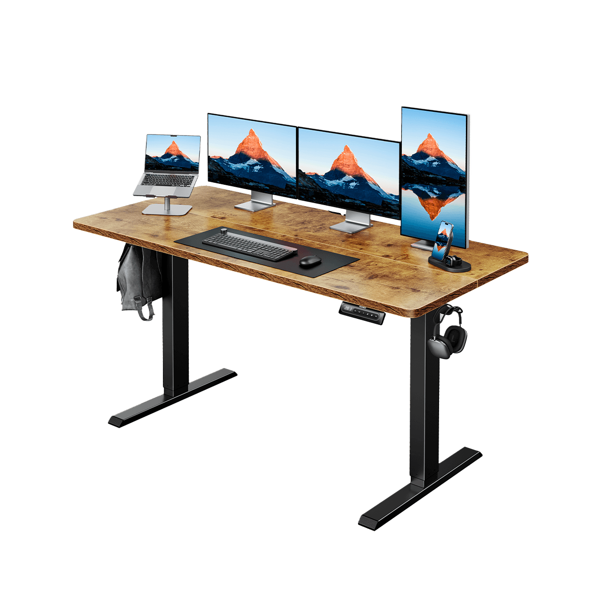 Wooden electric standing desk with four monitors and a laptop setup for ergonomic workspace.