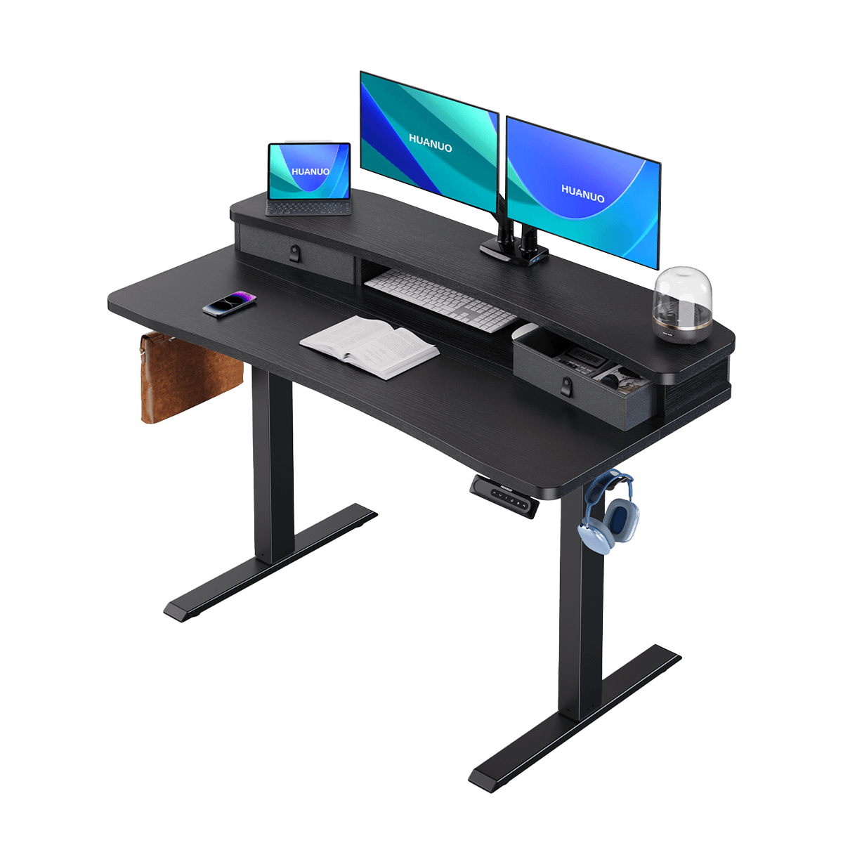 HUANUO electric standing desk with dual monitors and storage drawers