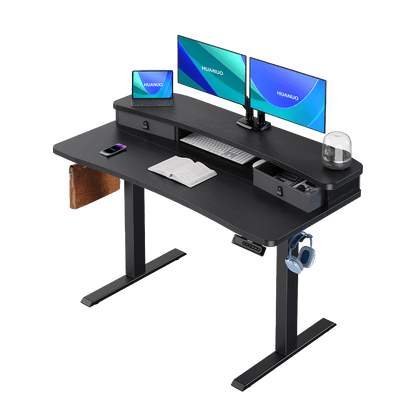 HUANUO electric standing desk with dual monitors and storage drawers