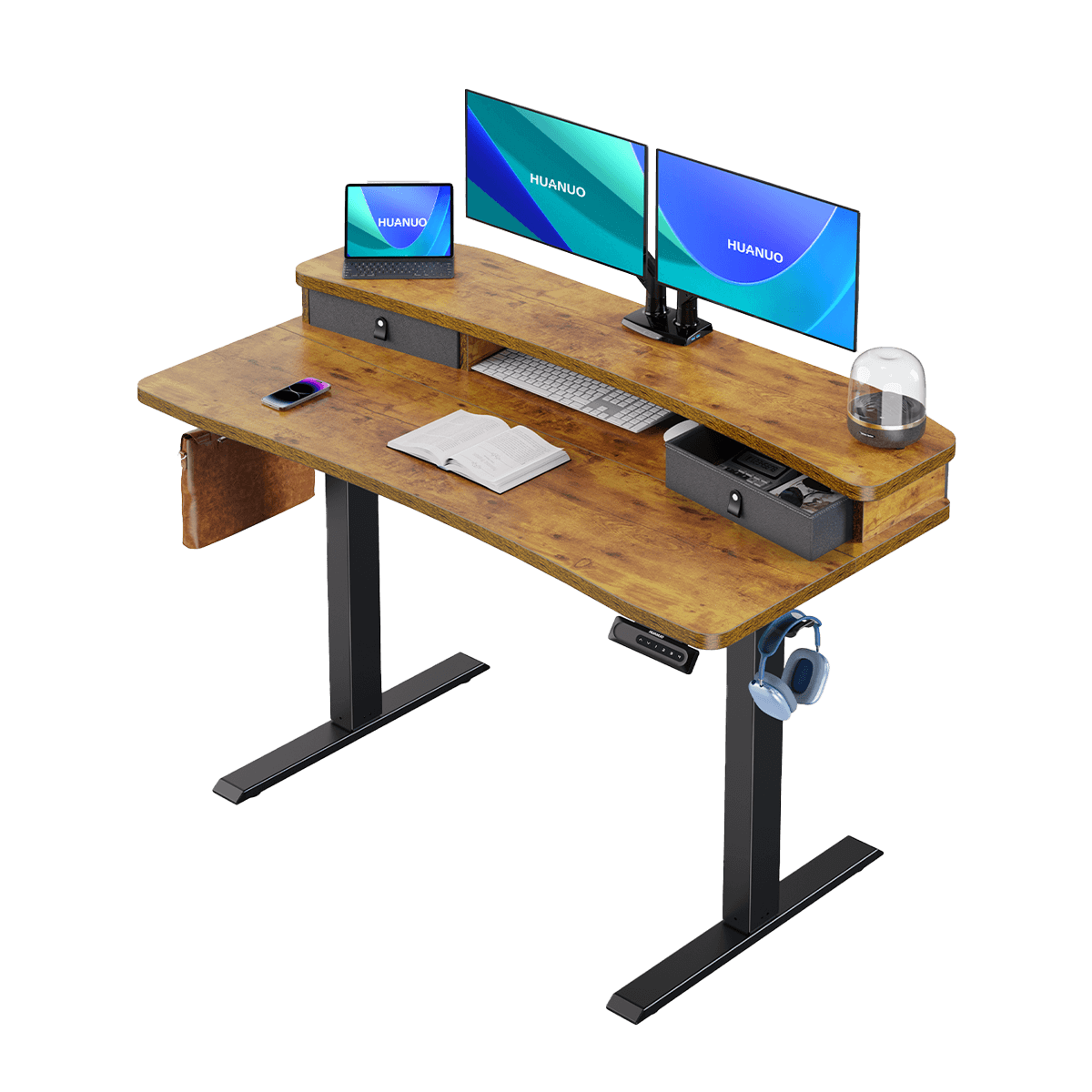 HUANUO electric standing desk with dual monitors and integrated storage drawers