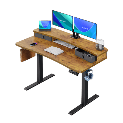 HUANUO electric standing desk with dual monitors and integrated storage drawers