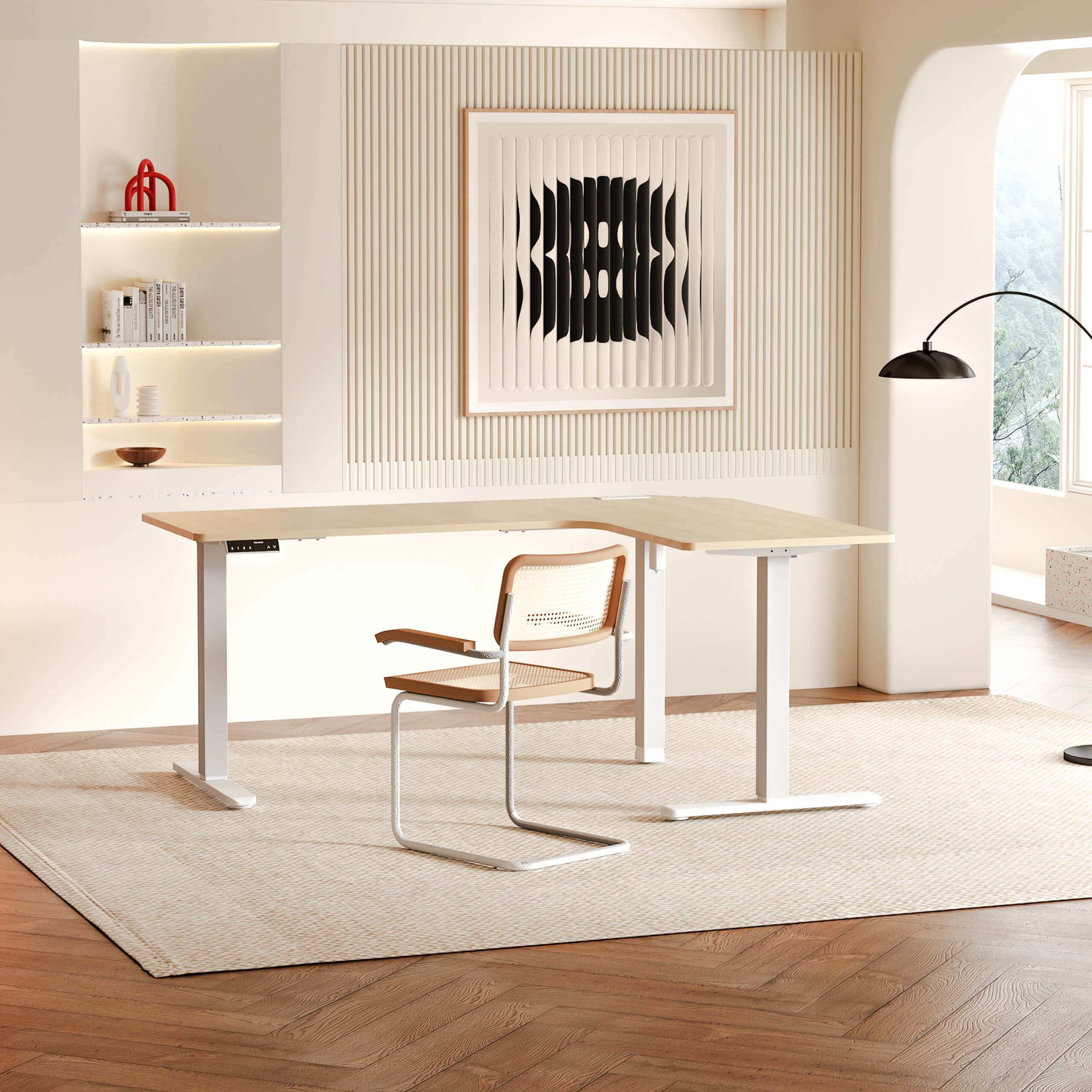 Modern HUANUO adjustable L-shaped desk in a stylish office setting