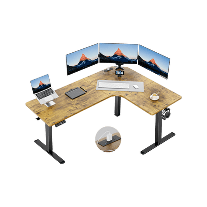 HUANUO L-shaped standing desk with ergonomic design and multiple monitors setup