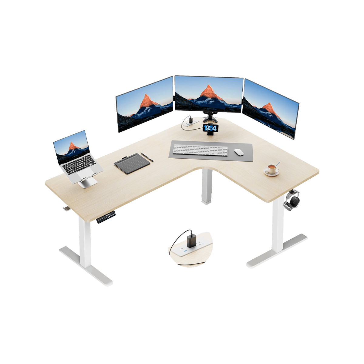 HUANUO L-shaped standing desk with multiple screens and ergonomic accessories
