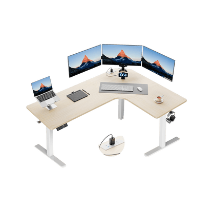 HUANUO L-shaped standing desk with multiple screens and ergonomic accessories