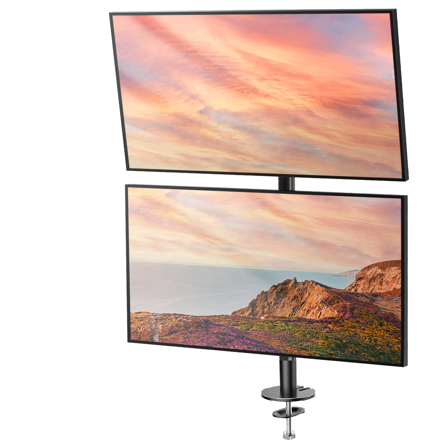 Vertical dual monitor mount for ergonomic workspace with scenic display