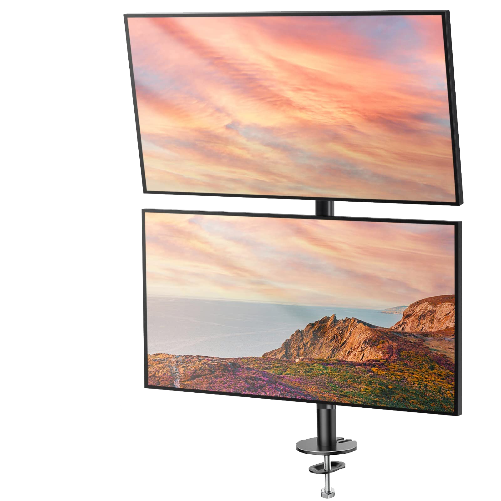 Vertical dual monitor mount for ergonomic workspace with scenic display