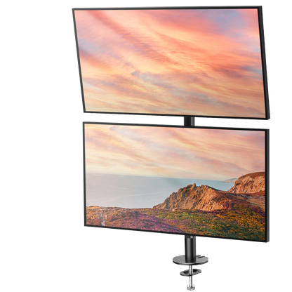 Vertical dual monitor mount for ergonomic workspace with scenic display