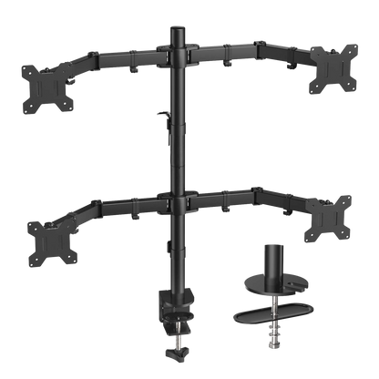 Quad monitor stand for 4 screens with adjustable arms and clamp mount.