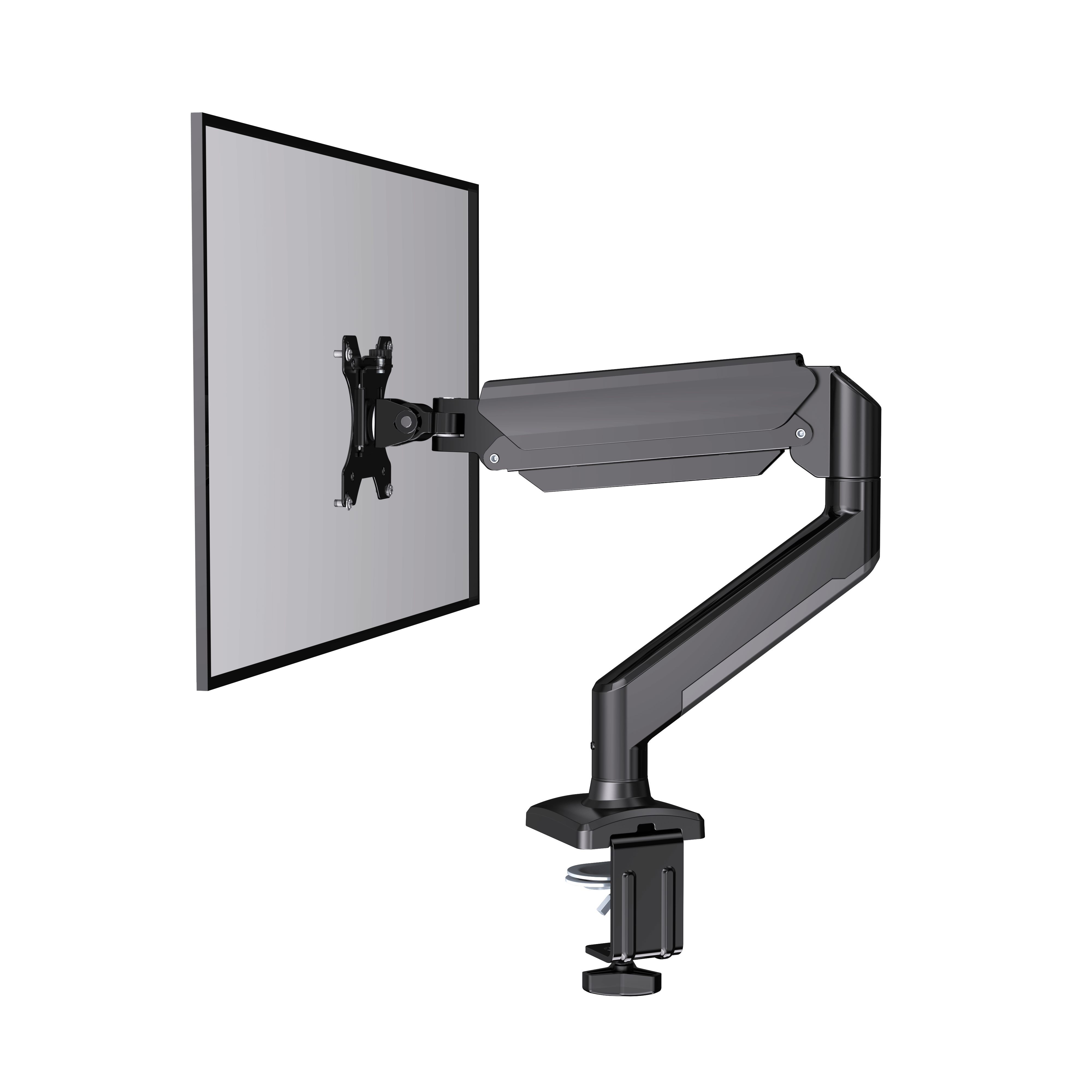 Side view of adjustable monitor mount arm for ergonomic setup with C-clamp attachment.