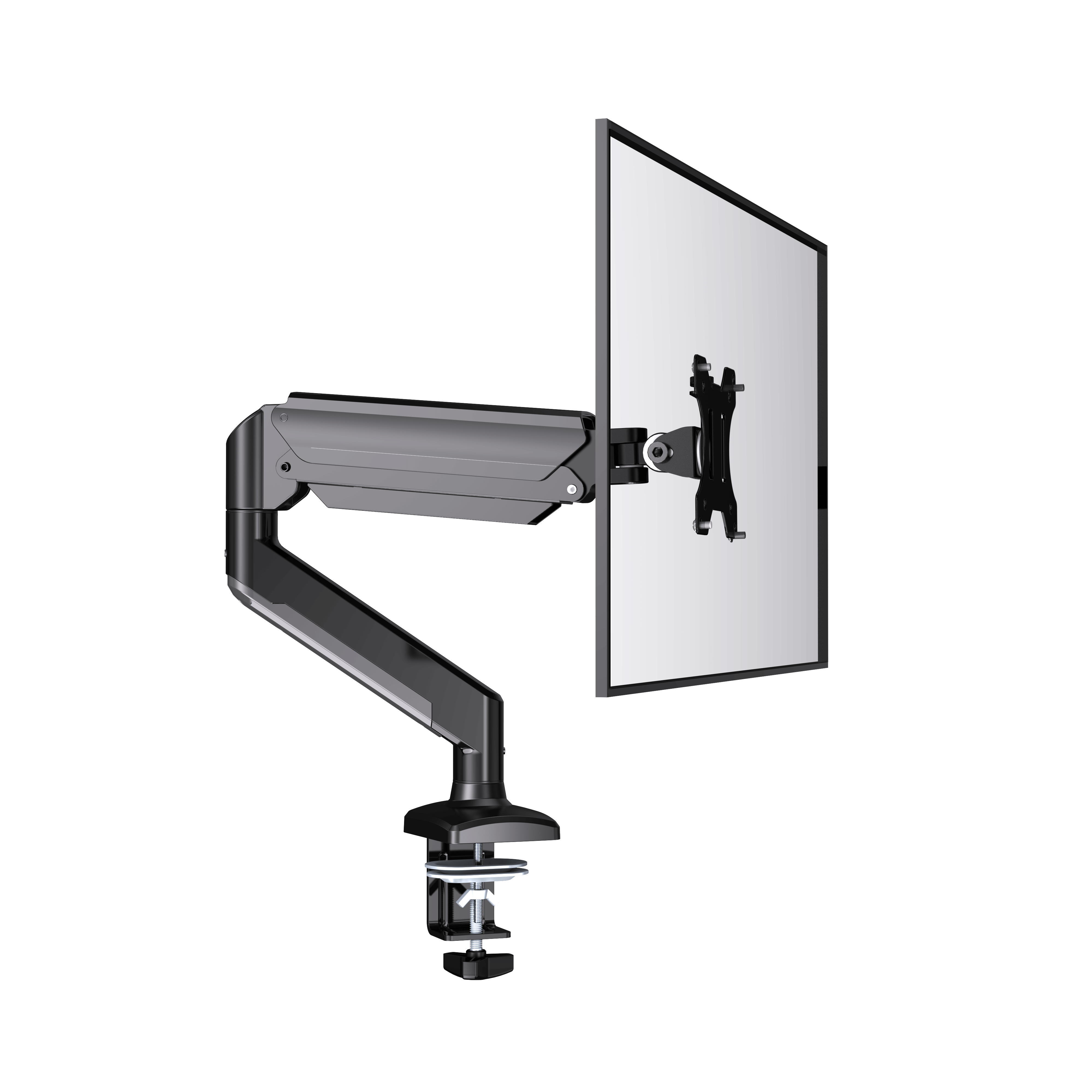 Single monitor arm with C-clamp attachment for 13-32 inch screens.