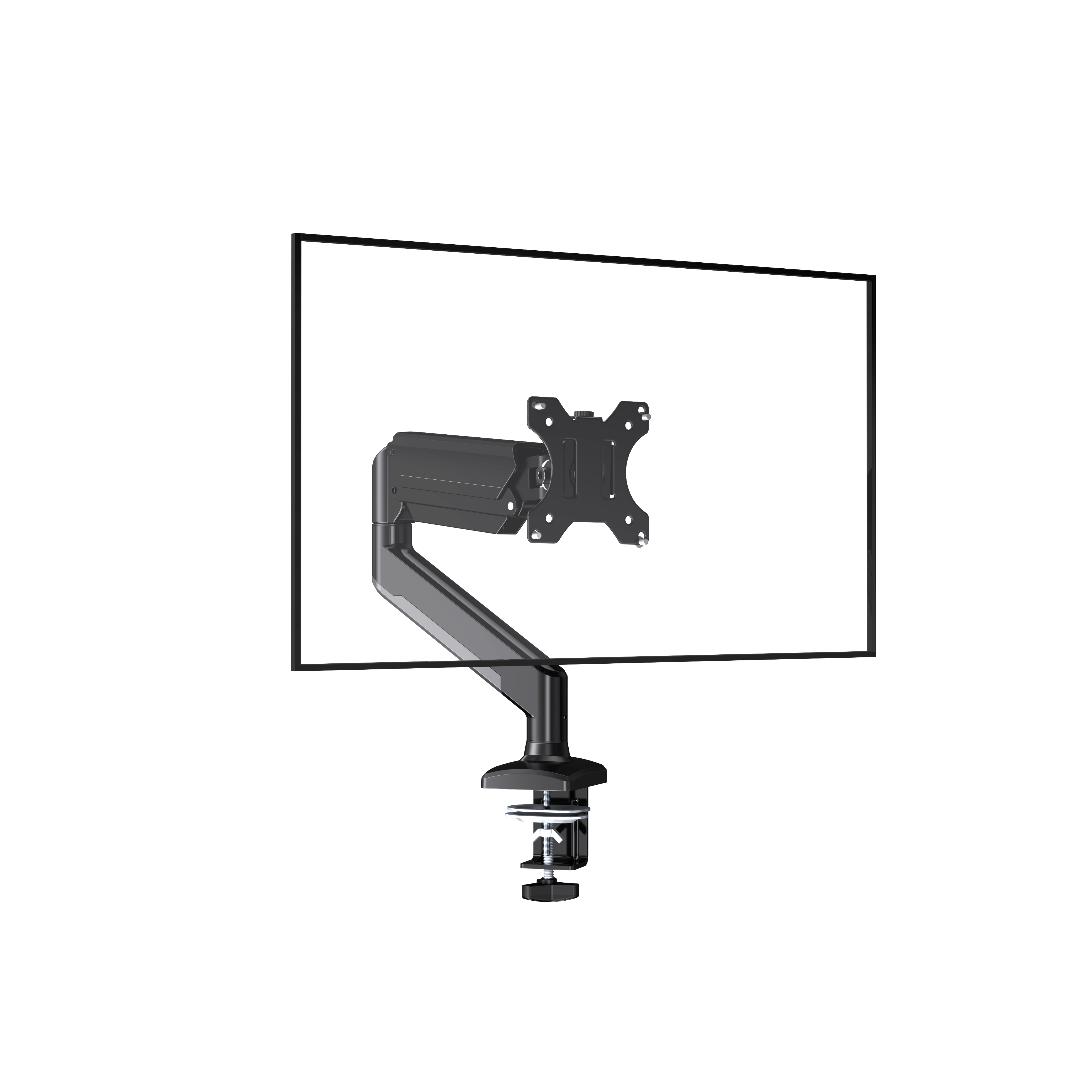 Adjustable monitor mount arm with C-clamp for 13-32 inch screens and VESA compatibility.
