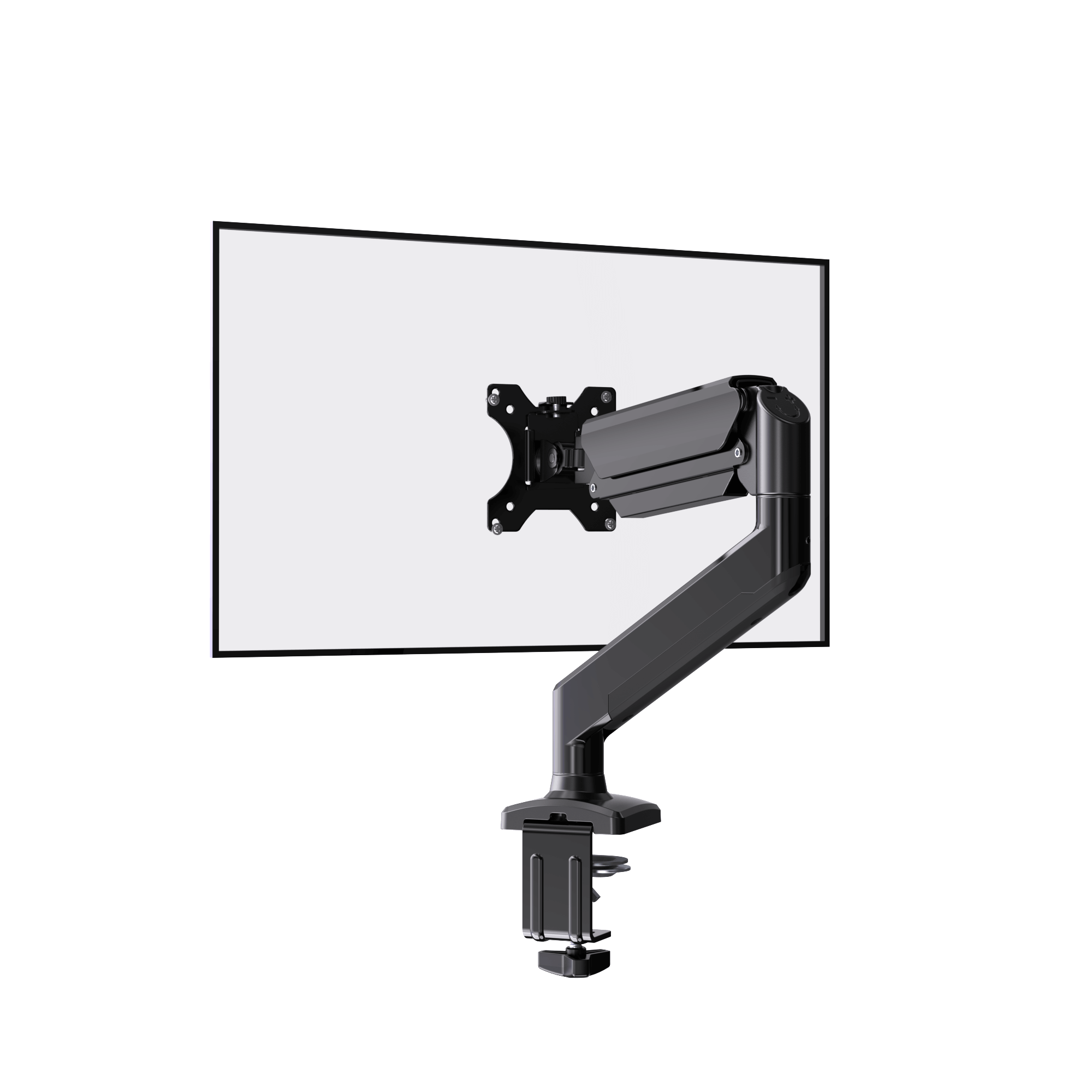 Adjustable single monitor mount arm with C-clamp for 13-32 inch screens.