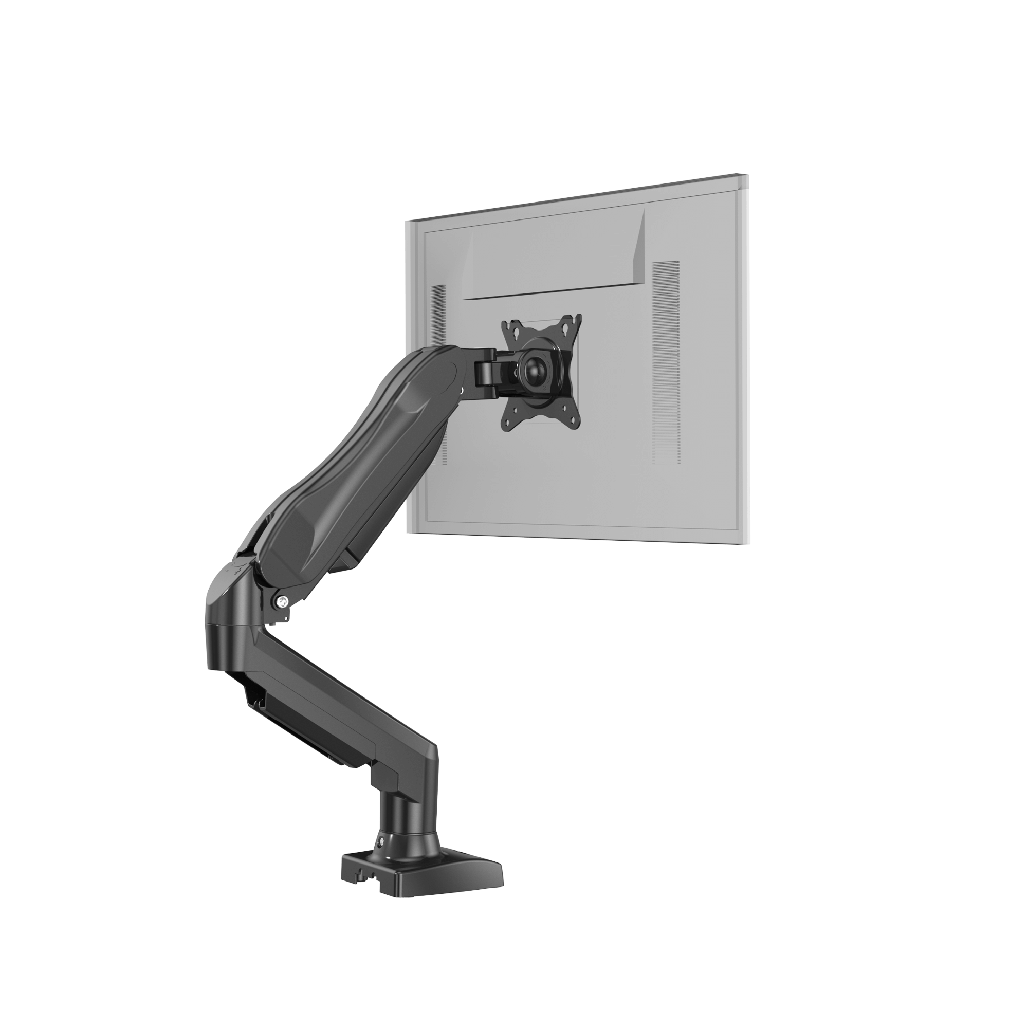 Rear view of HUANUO single monitor mount with ergonomic adjustable arm for 13-32 inch screens.