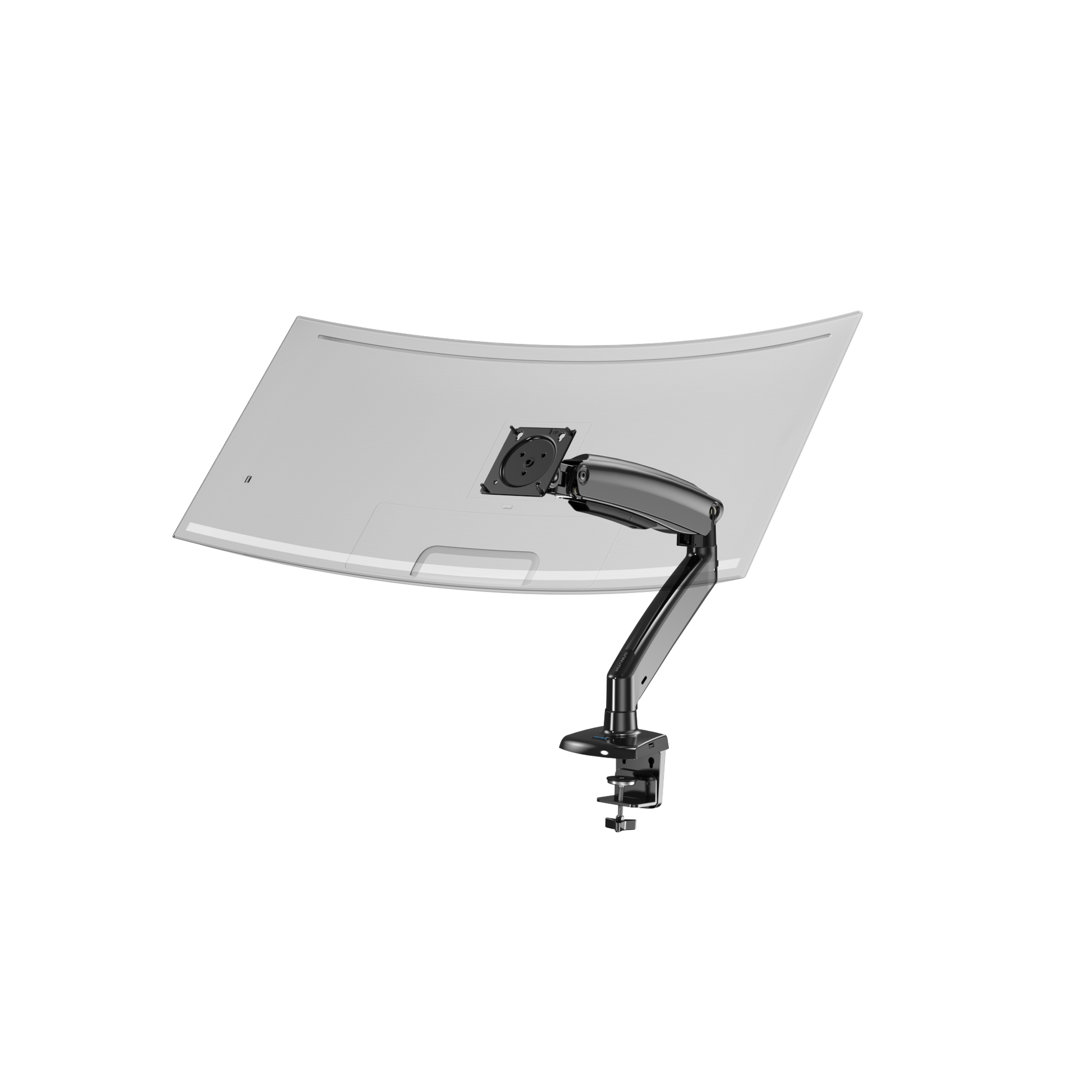 HUANUO monitor mount with adjustable arm supporting ultrawide screen in modern office.