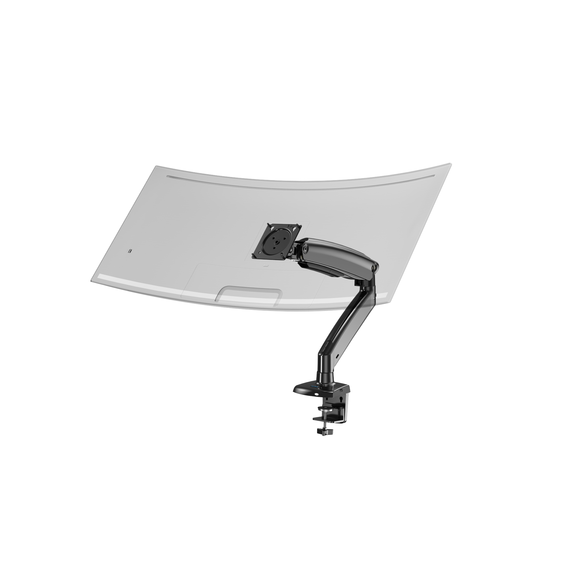 HUANUO monitor mount with adjustable arm supporting ultrawide screen in modern office.