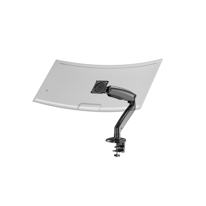 HUANUO monitor mount with adjustable arm supporting ultrawide screen in modern office.
