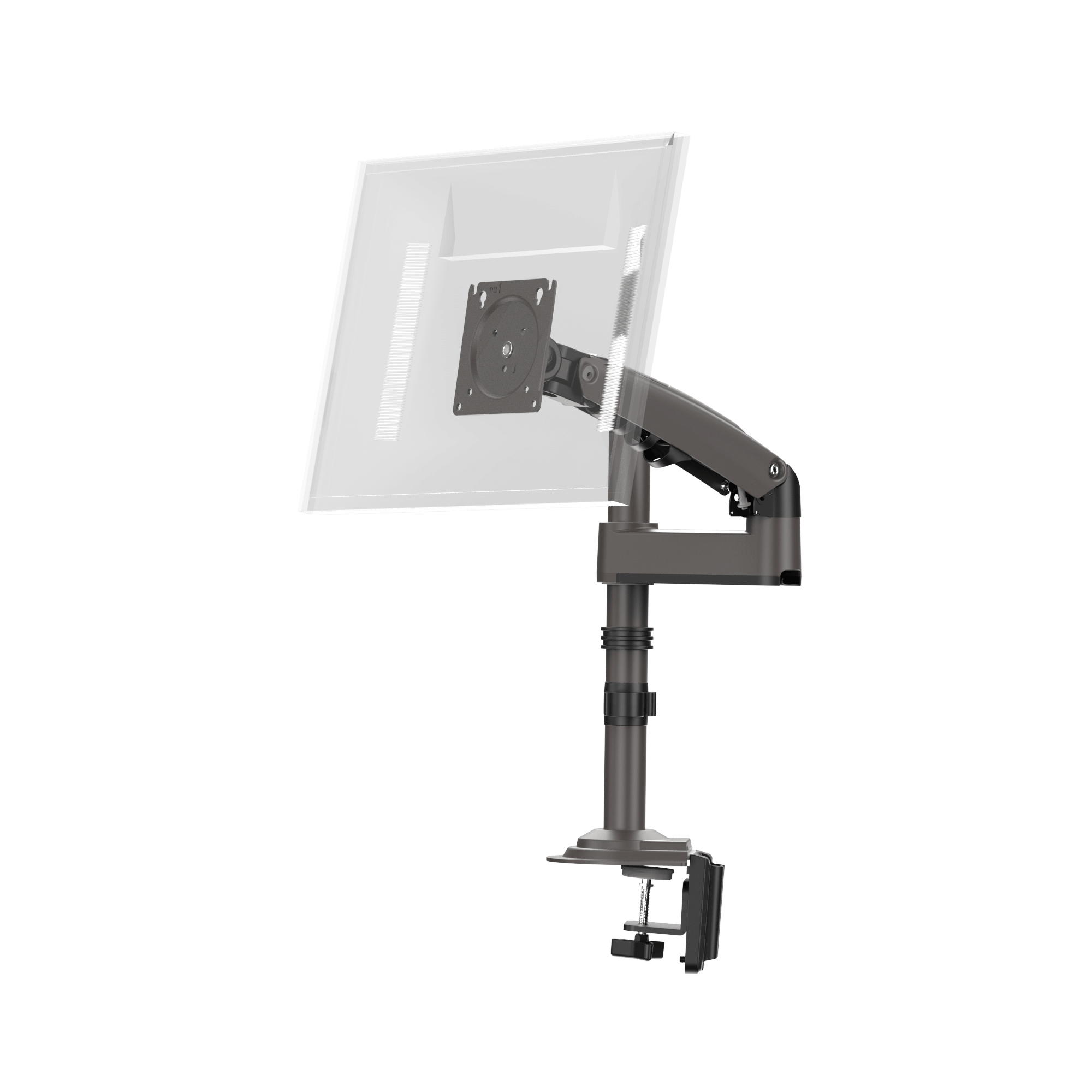 HUANUO single monitor mount showing adjustable arm and C-clamp installation.
