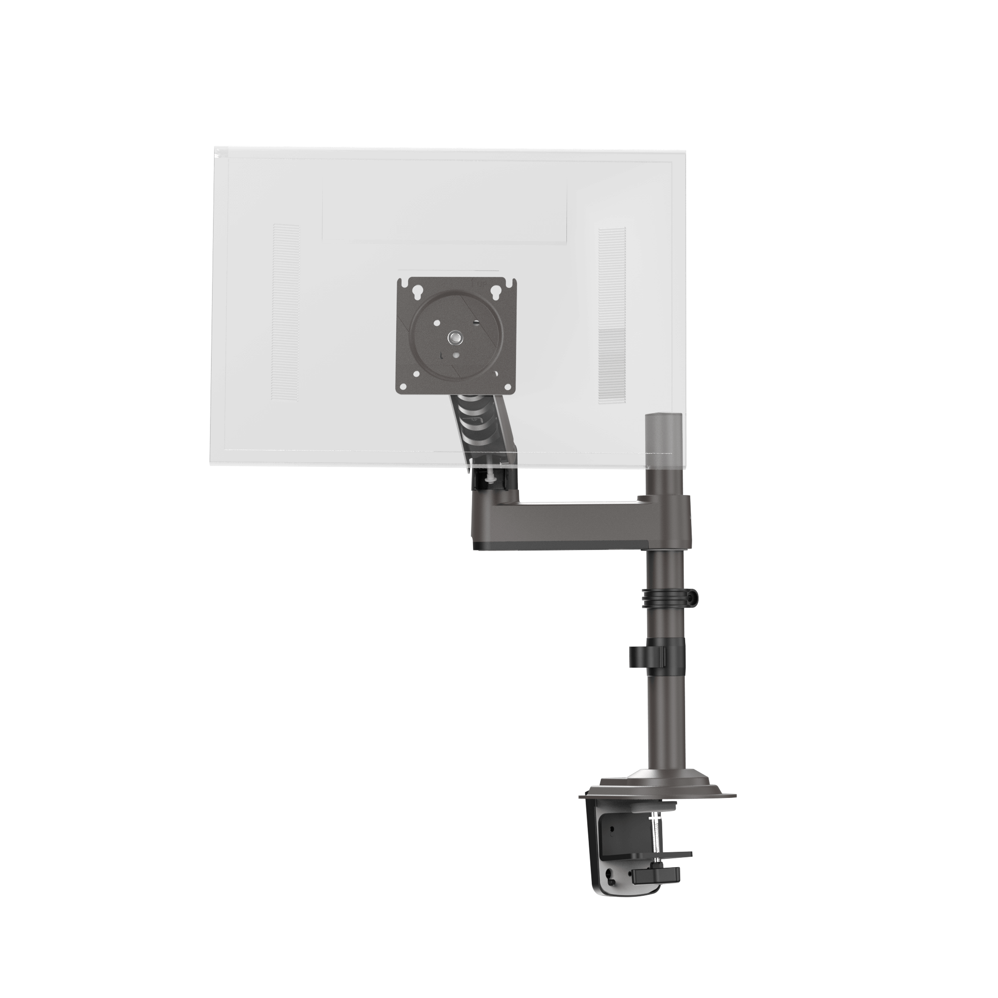 HUANUO single monitor mount showing adjustable arm and C-clamp installation.