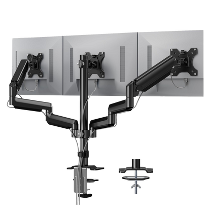 HUANUO triple monitor mount for 13-27 inch screens with adjustable arms.