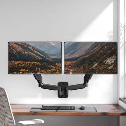 Wall-mounted dual monitor setup with scenic mountain view screens