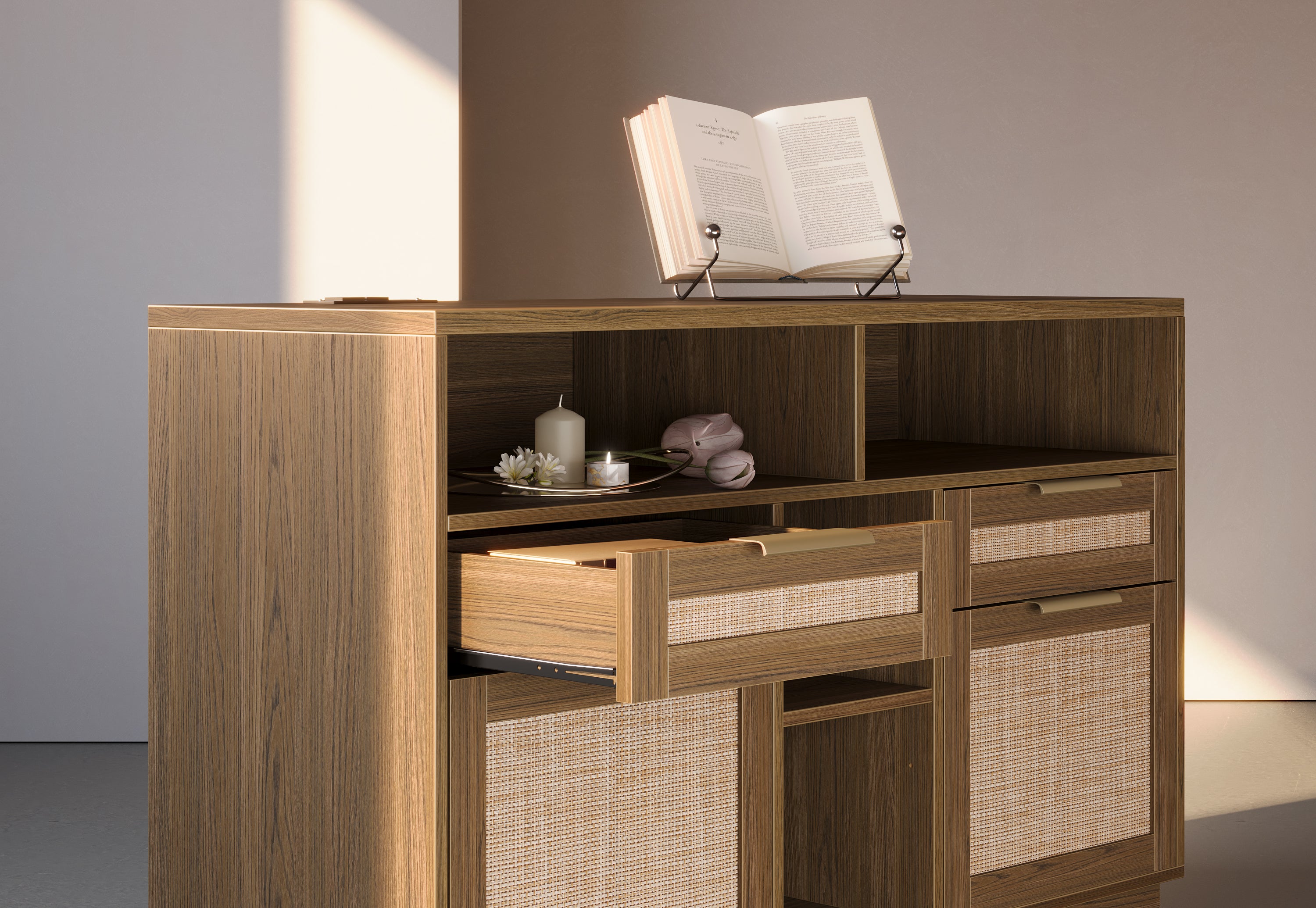 70" Desk + 6 Tier Corner Bookshelf / Rattan - Light Walnut