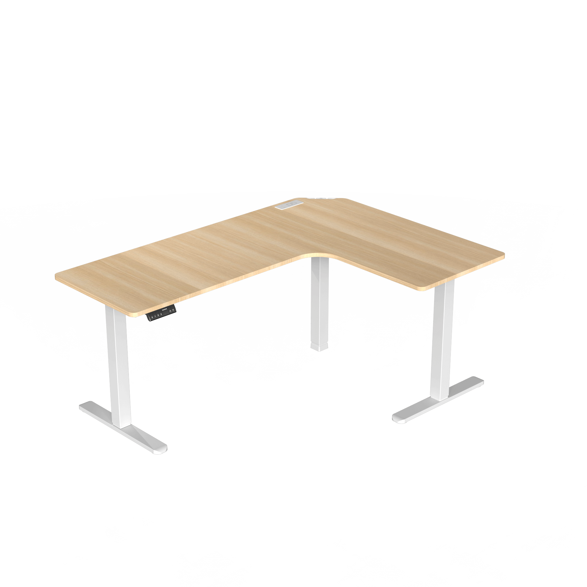 HUANUO adjustable L-shaped desk with a natural wood finish and dual motor base.