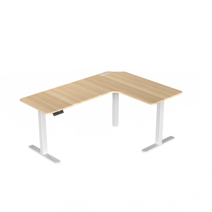 HUANUO adjustable L-shaped desk with a natural wood finish and dual motor base.