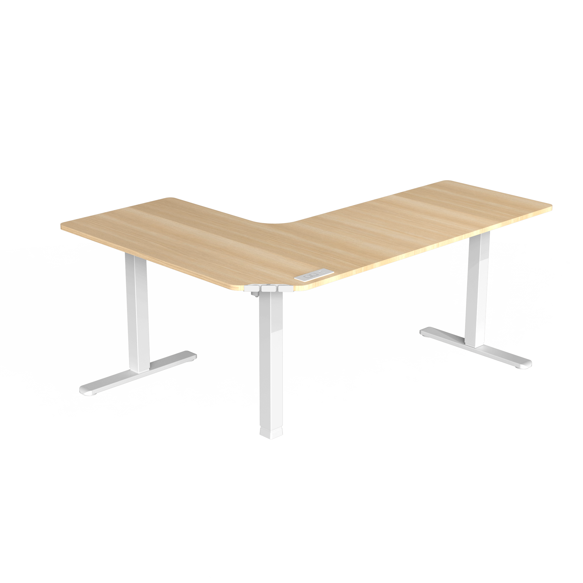HUANUO L-shaped standing desk with a natural wood finish and adjustable height features.