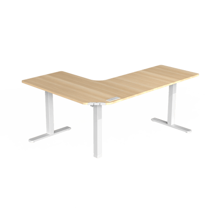HUANUO L-shaped standing desk with a natural wood finish and adjustable height features.