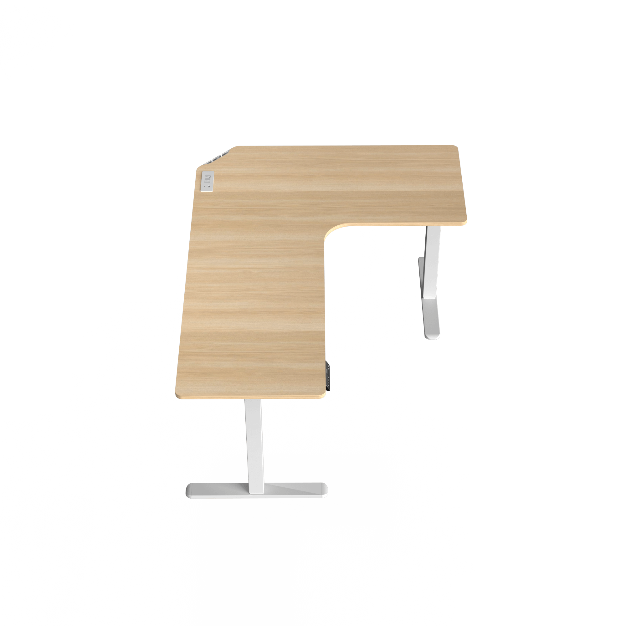 Ergonomic L-shaped standing desk with natural wood finish and adjustable height controls.