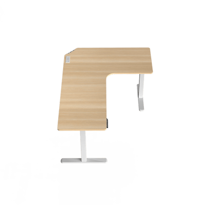 Ergonomic L-shaped standing desk with natural wood finish and adjustable height controls.