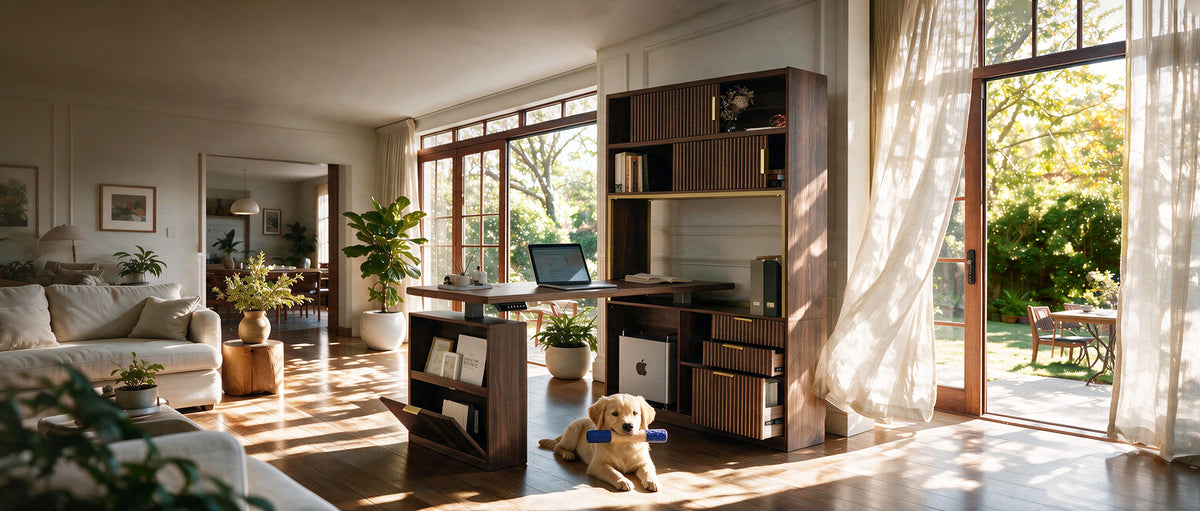 Home office with standing desk and ergonomic chair