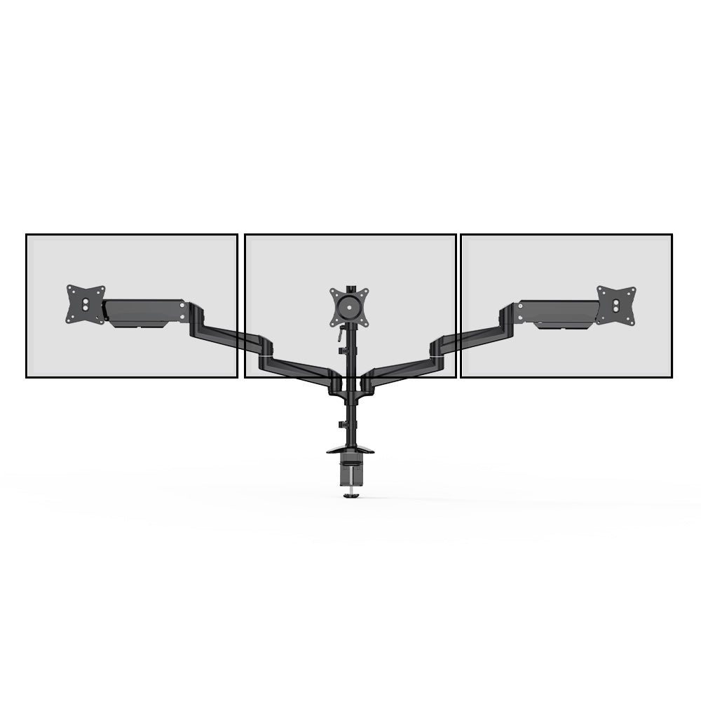 HUANUO adjustable triple monitor mount with three arm setups for optimal screen positioning.