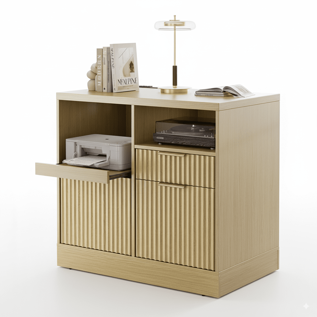 Charging Printer Storage Cabinet - Fluted - Natural Oak