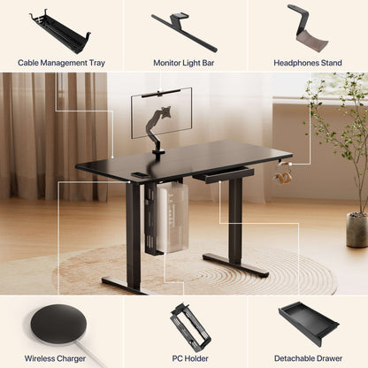 HUANUO electric standing desk with accessories: cable tray, light bar, and wireless charger.