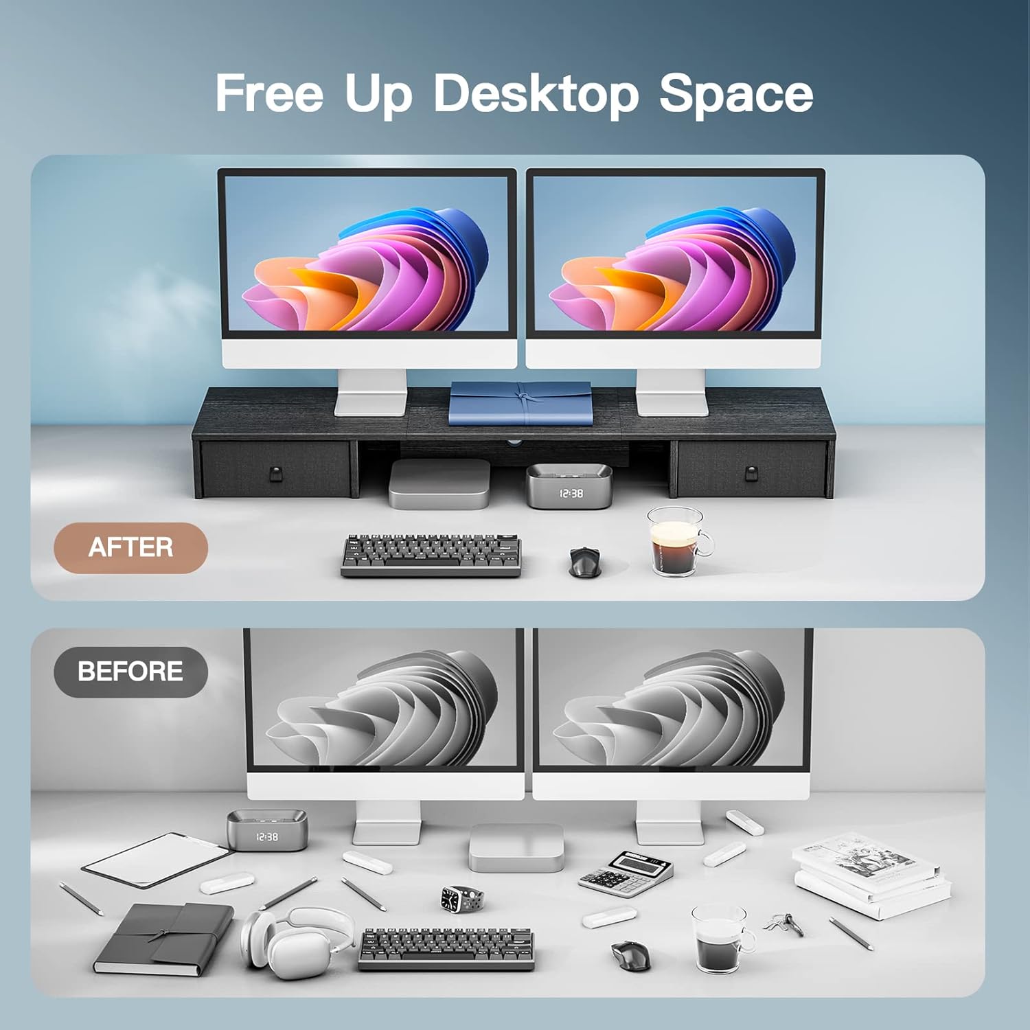 Dual Monitor Stand with Drawers - 