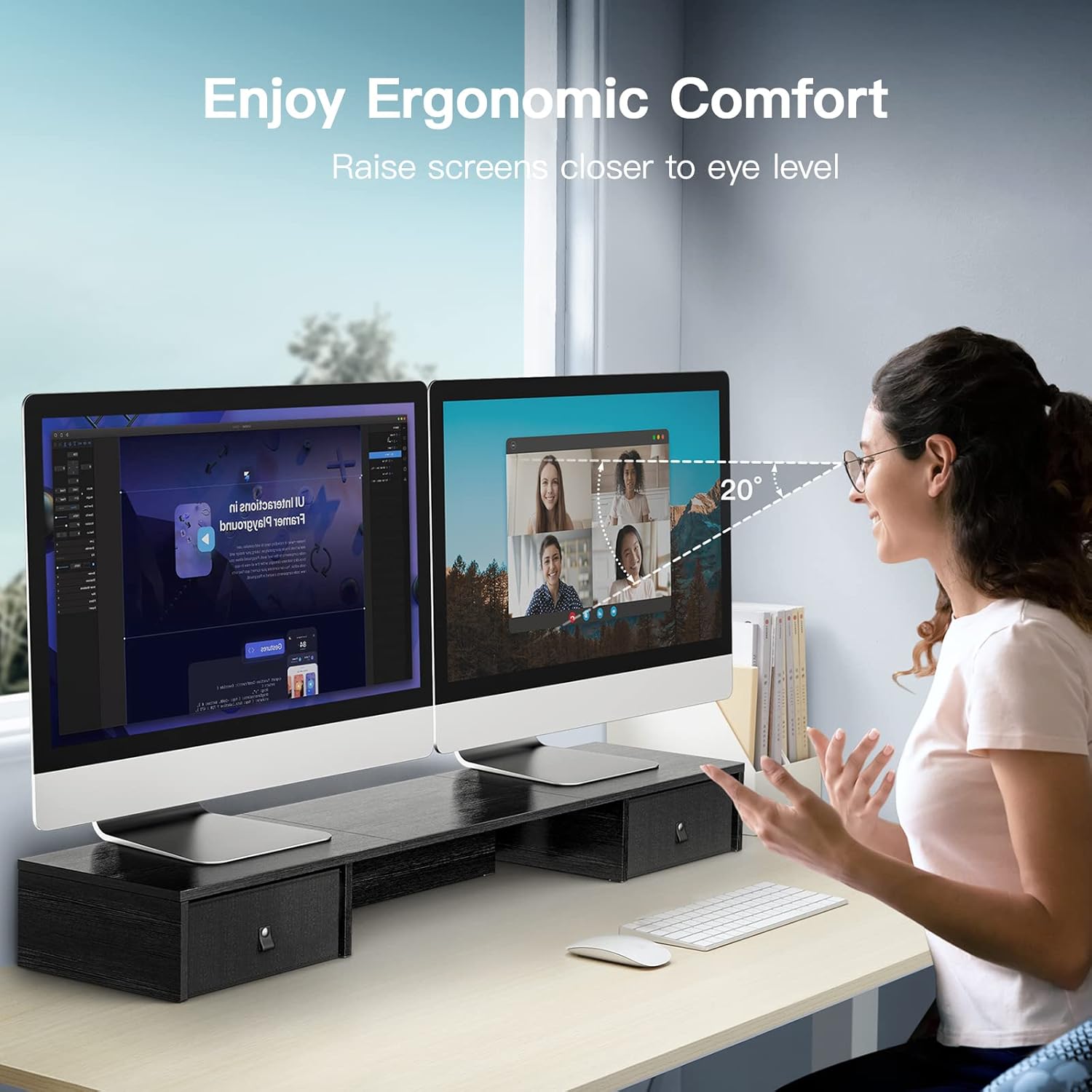 Dual Monitor Stand with Drawers - 