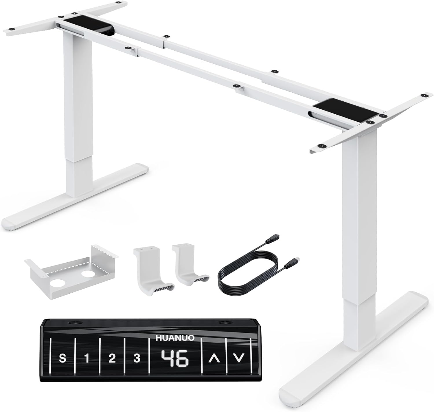 HUANUO dual motor desk frame with adjustable controller and components for ergonomic setup.
