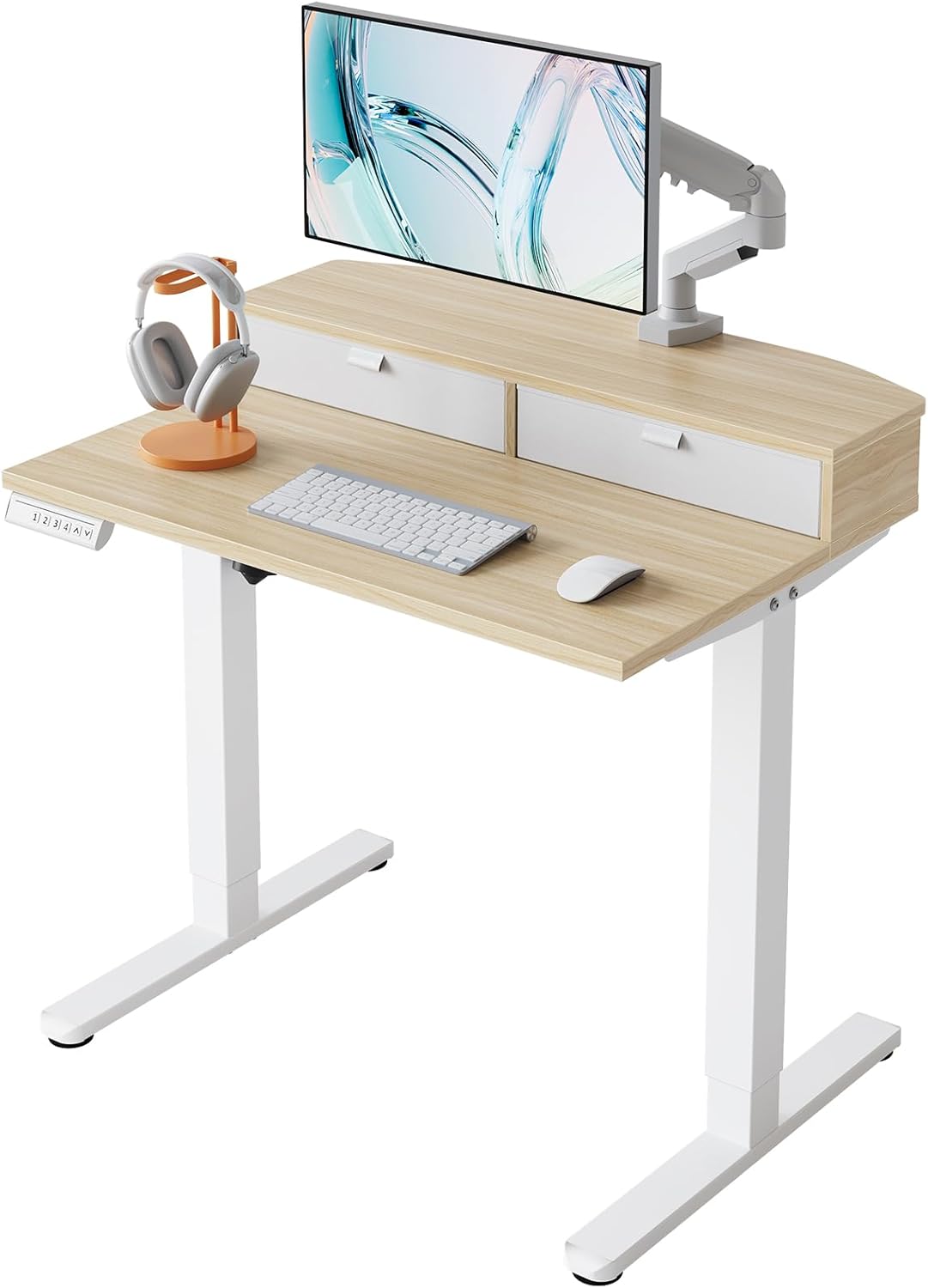 HUANUO 32 x 21 inch Small Electric Standing Desk with 2 Drawers, C-Clamp Mount Compatible, Height Adjustable Sit Stand Desk, Home Office Stand Up Desk with 4 Memory Height Settings, Light Walnut - Light Walnut