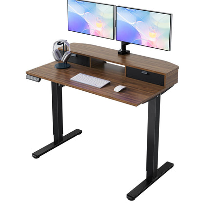 HUANUO 32 x 21 inch Small Electric Standing Desk with 2 Drawers, C-Clamp Mount Compatible, Height Adjustable Sit Stand Desk, Home Office Stand Up Desk with 4 Memory Height Settings, Light Walnut - Walnut