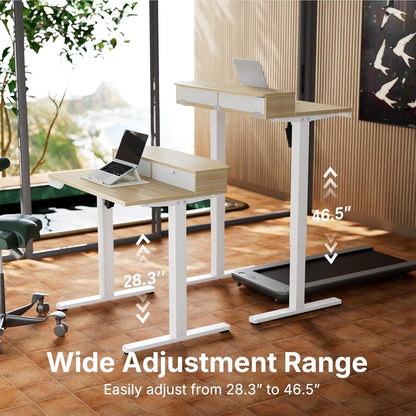 HUANUO 32 x 21 inch Small Electric Standing Desk with 2 Drawers, C-Clamp Mount Compatible, Height Adjustable Sit Stand Desk, Home Office Stand Up Desk with 4 Memory Height Settings, Light Walnut - White