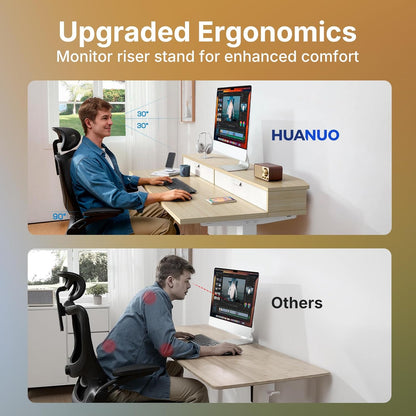HUANUO 32 x 21 inch Small Electric Standing Desk with 2 Drawers, C-Clamp Mount Compatible, Height Adjustable Sit Stand Desk, Home Office Stand Up Desk with 4 Memory Height Settings, Light Walnut - White