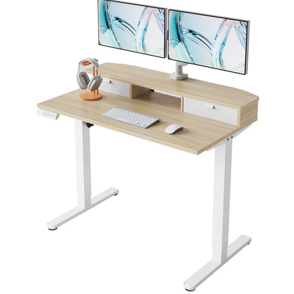 HUANUO 32 x 21 inch Small Electric Standing Desk with 2 Drawers, C-Clamp Mount Compatible, Height Adjustable Sit Stand Desk, Home Office Stand Up Desk with 4 Memory Height Settings, Light Walnut - Light Walnut