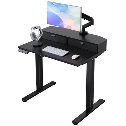 HUANUO 32 x 21 inch Small Electric Standing Desk with 2 Drawers, C-Clamp Mount Compatible, Height Adjustable Sit Stand Desk, Home Office Stand Up Desk with 4 Memory Height Settings, Light Walnut - Black