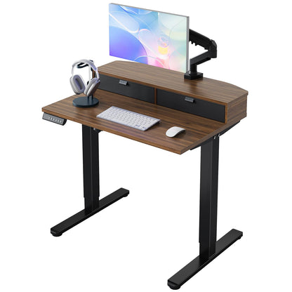HUANUO 32 x 21 inch Small Electric Standing Desk with 2 Drawers, C-Clamp Mount Compatible, Height Adjustable Sit Stand Desk, Home Office Stand Up Desk with 4 Memory Height Settings, Light Walnut - Walnut