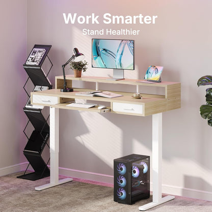 HUANUO 55″ x 26″ Electric Standing Desk with 2 Drawers &24.4″ Large Keyboard Tray, C-Clamp Mount Compatible, Adjustable Computer Desk for Office, Sit Stand Up Desk with 4 Height Presets, Light Walnut - 48*26 inch