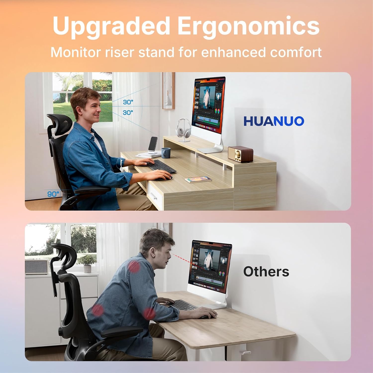 HUANUO 55″ x 26″ Electric Standing Desk with 2 Drawers &24.4″ Large Keyboard Tray, C-Clamp Mount Compatible, Adjustable Computer Desk for Office, Sit Stand Up Desk with 4 Height Presets, Light Walnut - 48*26 inch