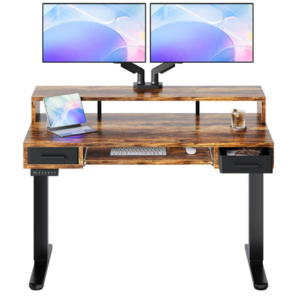 HUANUO 55″ x 26″ Electric Standing Desk with 2 Drawers &24.4″ Large Keyboard Tray, C-Clamp Mount Compatible, Adjustable Computer Desk for Office, Sit Stand Up Desk with 4 Height Presets, Light Walnut - 48*26 inch