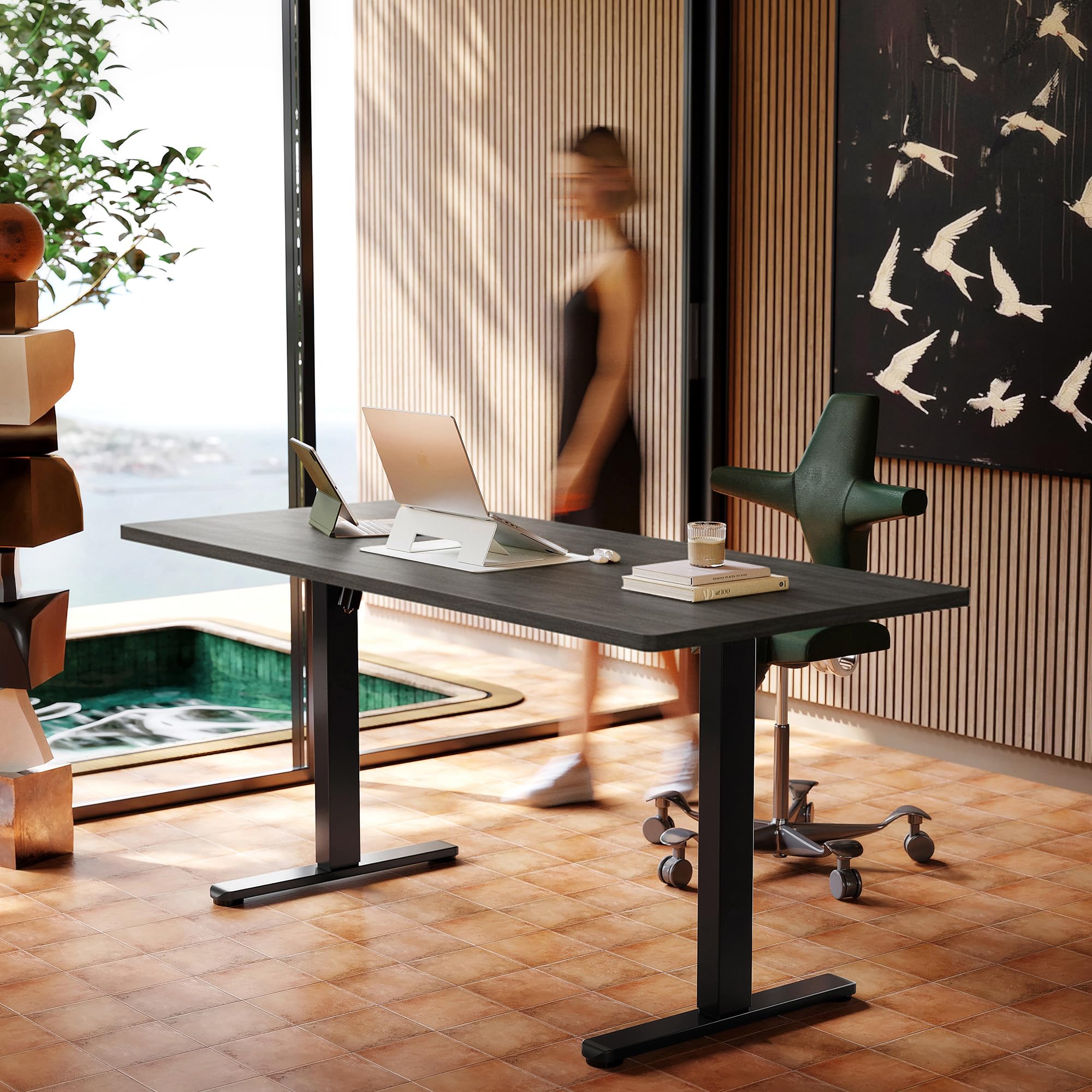 HUANUO 55 x 28 inch Electric Standing Desk Adjustable Height, 4 Memory Height Settings, Sit Stand Up Desk for Home Office & Computer Workstation, Light Walnut - 63" X 28"